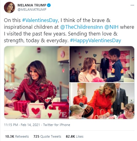 メラニア夫人、バレンタインデーは夫よりも世界中の子供達が優先？（画像は『MELANIA TRUMP　2021年2月14日付Twitter「On this ＃ValentinesDay, I think of the brave ＆ inspirational children at ＠TheChildrensInn ＠NIH where I visited the past few years.」』のスクリーンショット）