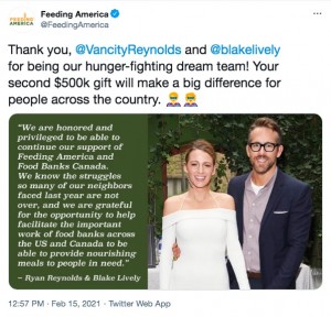 「フィーディング・アメリカ」もメッセージをアップ（画像は『Feeding America　2021年2月15日付Twitter「Thank you, ＠VancityReynolds and ＠blakelively for being our hunger-fighting dream team!」』のスクリーンショット）