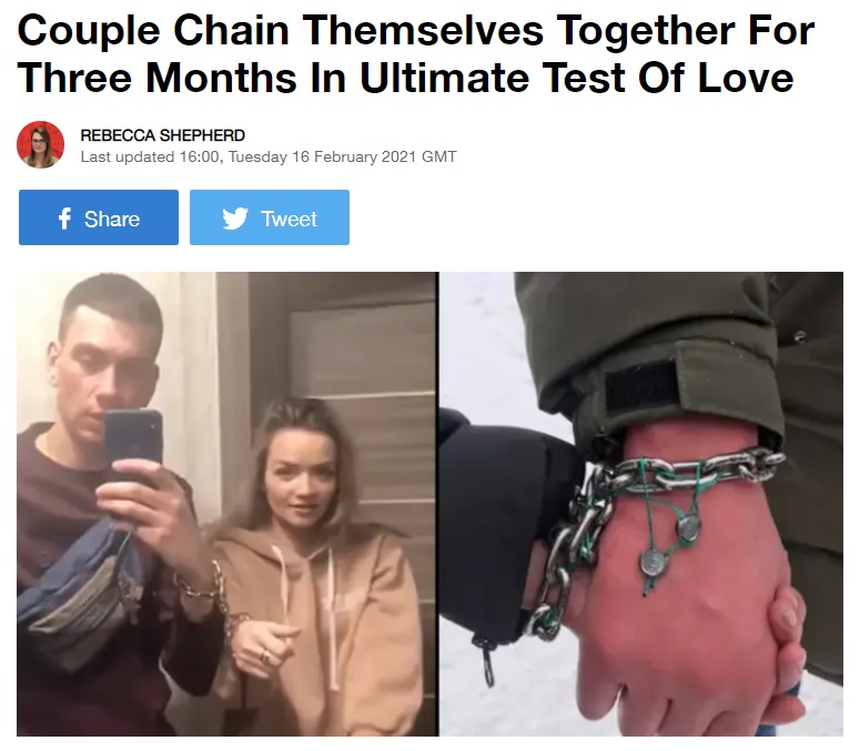 2人はこれから3か月間、一度も鎖を外すことなく過ごす（画像は『LADbible　2021年2月16日付「Couple Chain Themselves Together For Three Months In Ultimate Test Of Love」』のスクリーンショット）
