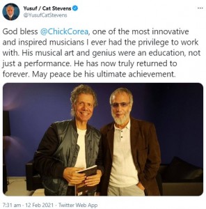 ユスフ/キャット・スティーヴンスが発表した追悼文（画像は『Yusuf / Cat Stevens　2021年2月12日付Twitter「God bless ＠ChickCorea, one of the most innovative and inspired musicians I ever had the privilege to work with.」』のスクリーンショット）