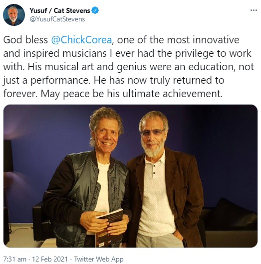 ユスフ/キャット・スティーヴンスが発表した追悼文（画像は『Yusuf / Cat Stevens　2021年2月12日付Twitter「God bless ＠ChickCorea, one of the most innovative and inspired musicians I ever had the privilege to work with.」』のスクリーンショット）