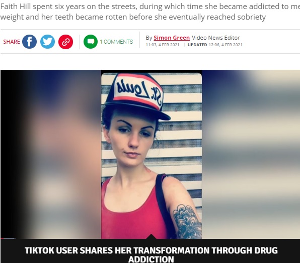 痩せて病的だったフェイスさん（画像は『Daily Star　2021年2月4日付「Former drug addict makes amazing transformation after losing all her teeth to meth」（Image: TIKTOK/＠iamtoothlessandruthless）」』のスクリーンショット）