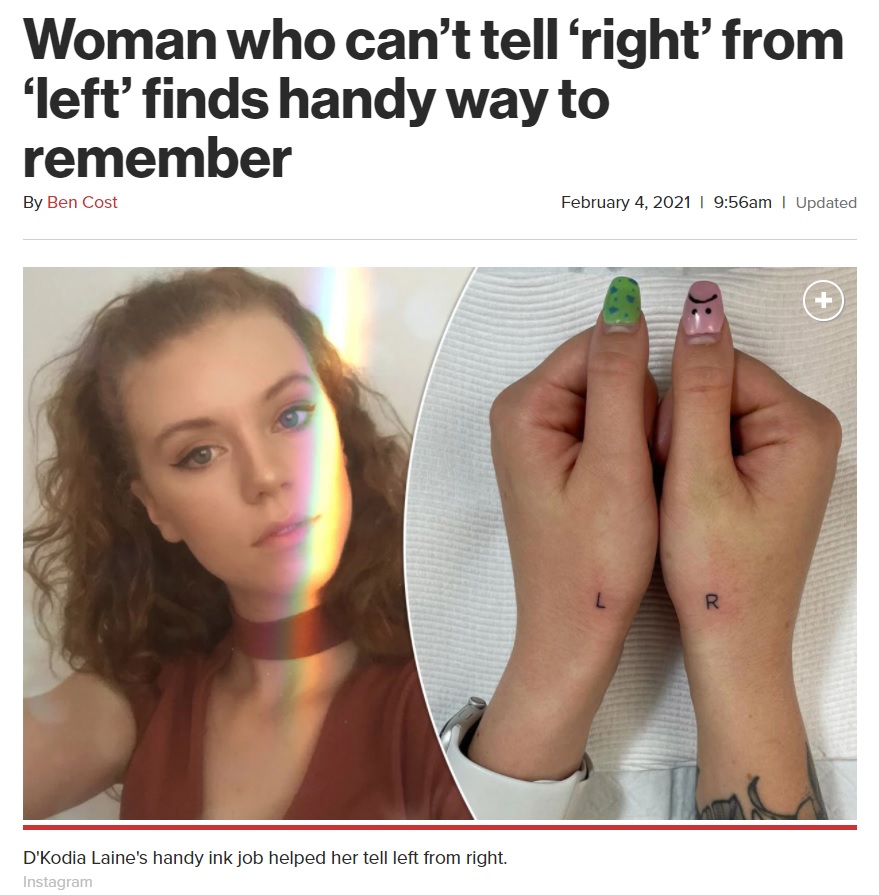 左右の区別に悩み、タトゥーを入れた23歳女性（画像は『New York Post　2021年2月4日付「Woman who can’t tell ‘right’ from ‘left’ finds handy way to remember」（Instagram）』のスクリーンショット）