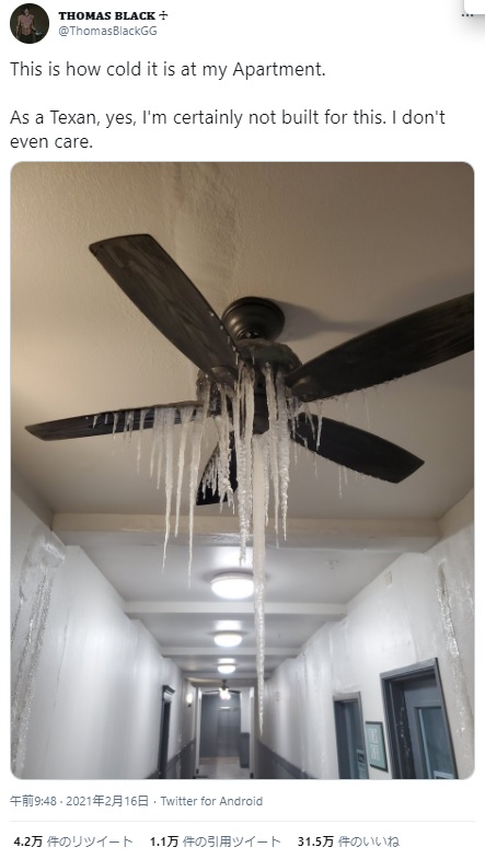水道管破裂と停電により、室内にできた氷柱（画像は『THOMAS BLACK　2021年2月16日付Twitter「This is how cold it is at my Apartment.」』のスクリーンショット）