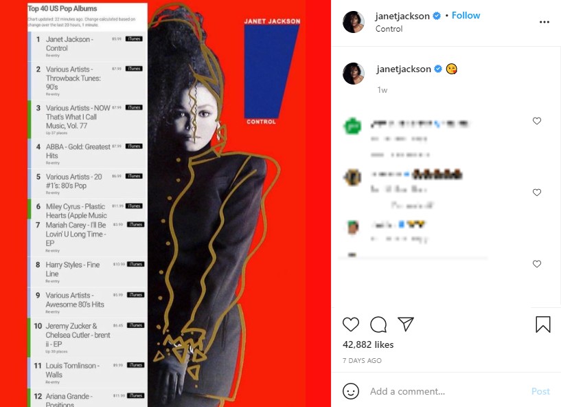 アルバム『コントロール』が35年ぶりに1位に（画像は『Janet Jackson　2021年2月7日付Instagram』のスクリーンショット）