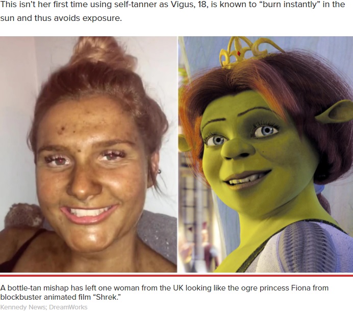 映画『シュレック』のフィオナ姫とそっくり（画像は『New York Post　2021年2月12日付「Woman looks like Fiona from ‘Shrek’ after fake tan goes horribly wrong」（Kennedy News; DreamWorks）』のスクリーンショット）