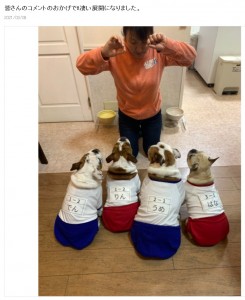 愛犬たちのキュートな体操服姿に北斗もメロメロ（画像は『北斗晶　2021年3月8日付オフィシャルブログ「皆さんのコメントのおかげで!!凄い展開になりました。」』のスクリーンショット）