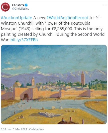 英ウィンストン・チャーチル元首相が描いたマラケシュの風景画（画像は『Christie’s　2021年3月1日付Twitter「＃AuctionUpdate A new ＃WorldAuctionRecord for Sir Winston Churchill with ‘Tower of the Koutoubia Mosque’ （1943） selling for ￡8,285,000.」』のスクリーンショット）