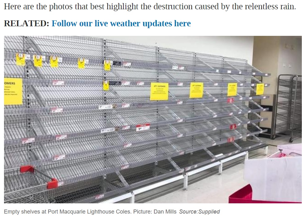 洪水の影響で物資の供給が滞り、スーパーの棚は空っぽに（画像は『news.com.au　2021年3月22日付「Photos that show the devastation caused by floods in NSW」（Picture: Dan MillsSource:Supplied）』のスクリーンショット）