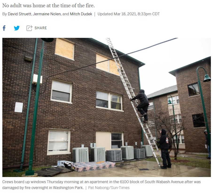 8歳の姉は先陣を切って3階から飛び降りた（画像は『Chicago Sun-Times　2021年3月18日付「Child escapes South Side fire by jumping onto mattress from 3rd-floor apartment; 2 siblings rescued」（Pat Nabong/Sun-Times）』のスクリーンショット）