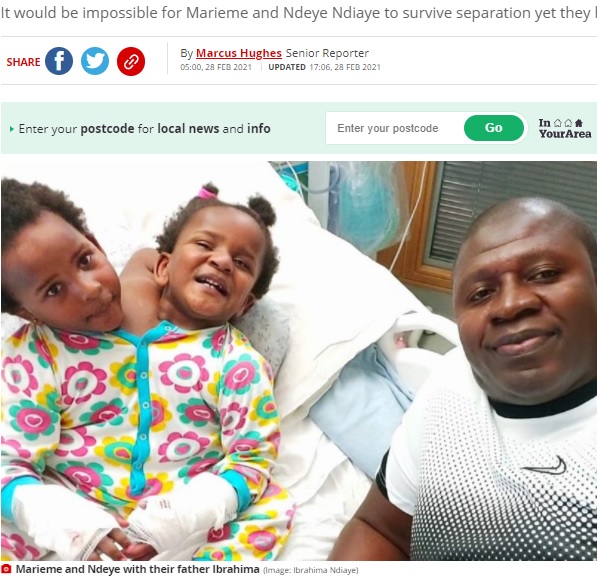 父イブラヒマさんと双子（画像は『WalesOnline　2021年3月2日付「The extraordinary story of conjoined twins expected to die within days of being born who are now settling in school and learning to walk」（Image: Ibrahima Ndiaye）』のスクリーンショット）