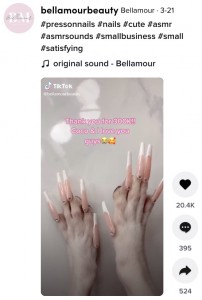 付け爪を施されたココの前足（画像は『Bellamour　2021年3月21日付TikTok「＃pressonnails ＃nails ＃cute ＃asmr ＃asmrsounds ＃smallbusiness」』のスクリーンショット）