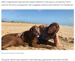 ローレンさんと日光浴を楽しむココア（画像は『FOX 35 Orlando　2021年4月10日付「‘This is a simple story about love’: Couple makes mobile bed to take elderly dog on walks in final months」』のスクリーンショット）