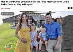警察官に出産をサポートしてもらったケリーさん＆ジャロッドさん一家（画像は『Inside Edition　2021年4月1日付「Florida Mom Gives Birth on Side of the Road After Speeding Dad Is Pulled Over on Way to Hospital」』のスクリーンショット）