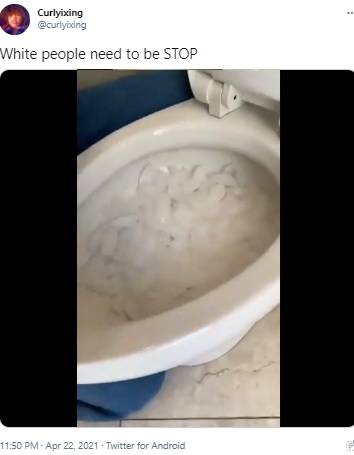 便器の中に投入された氷（画像は『Curlyixing　2021年4月22日付Twitter「White people need to be STOP」』のスクリーンショット）