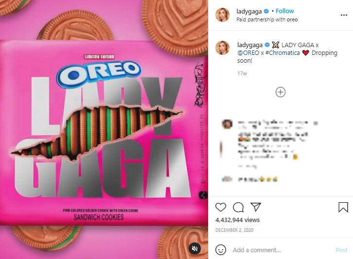 ガガとコラボした「クロマティカ・オレオ」（画像は『Lady Gaga　2020年12月2日付Instagram「LADY GAGA x ＠OREO x ＃Chromatica」』のスクリーンショット）