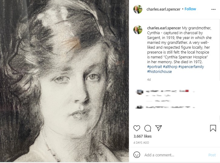 ダイアナ妃の祖母シンシアさんの肖像画（画像は『Charles Spencer　2021年4月19日付Instagram「My grandmother, Cynthia - captured in charcoal by Sargent, in 1919, the year in which she married my grandfather.」』のスクリーンショット）