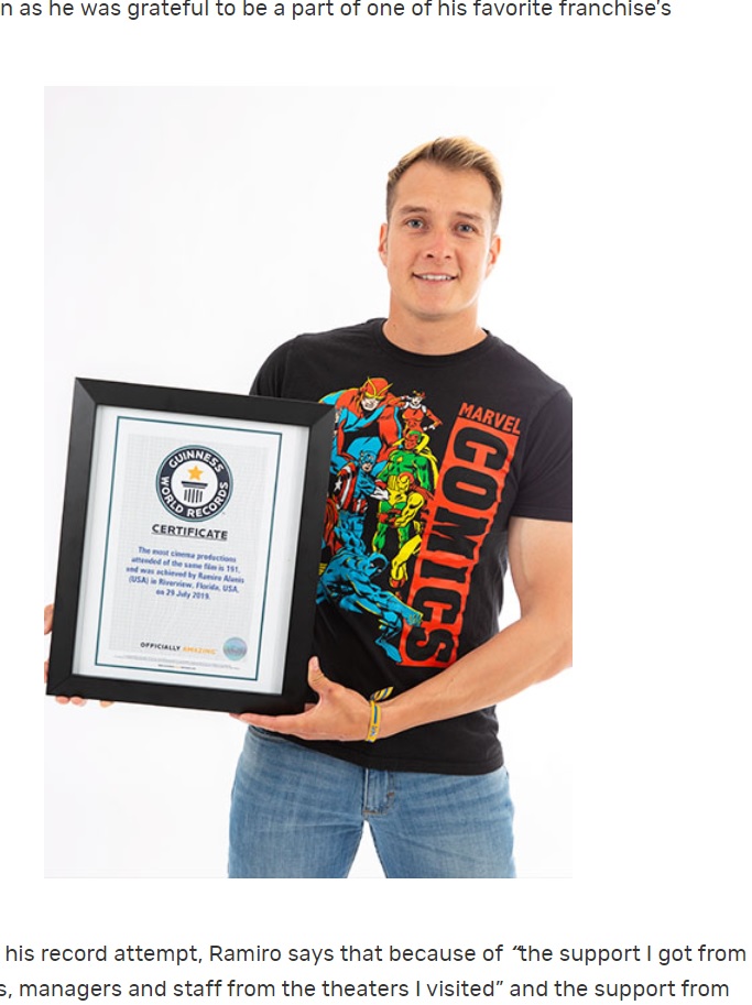 大好きなマーベル作品でギネス世界記録に認定された32歳男性（画像は『Guinness World Records　2021年3月26日付「Marvel fan from Florida watches Avengers movie 191 times in theaters」』のスクリーンショット）