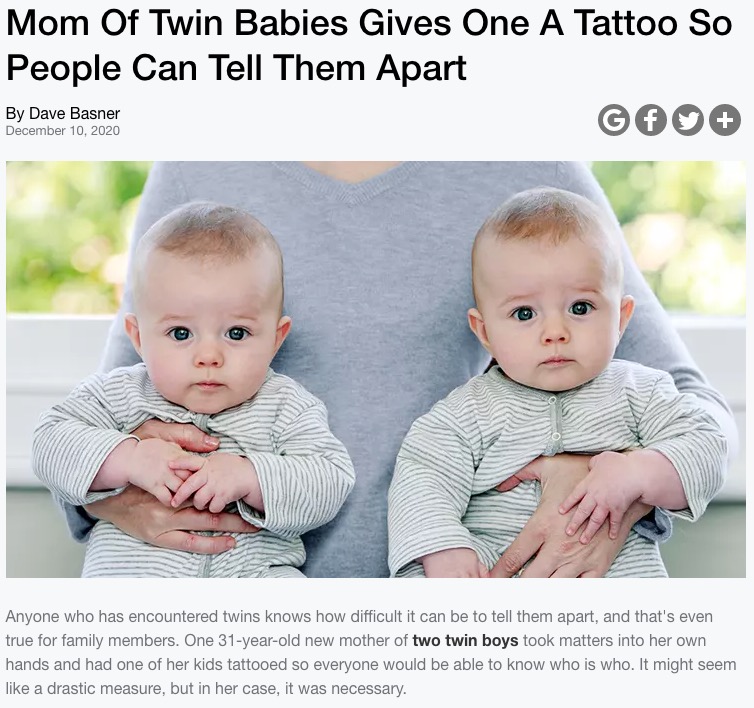 そっくりな双子を見分けるためにタトゥーを入れる（画像は『iHeartRadio　2020年12月10日付「Mom Of Twin Babies Gives One A Tattoo So People Can Tell Them Apart」』のスクリーンショット）