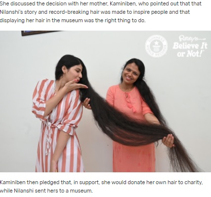 12年間も娘の髪をケアしてきた母とニランシさん（画像は『Guinness World Records　2021年4月14日付「Teen with world’s longest hair cuts it off after 12 years of growing it」』のスクリーンショット）