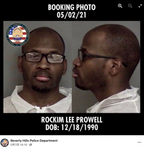 逮捕されたロッキム・プロウェル（画像は『Beverly Hills Police Department　2021年5月7日付Facebook「Media Release - Arrested: Prolific Masked Residential Burglary Suspect」』のスクリーンショット）