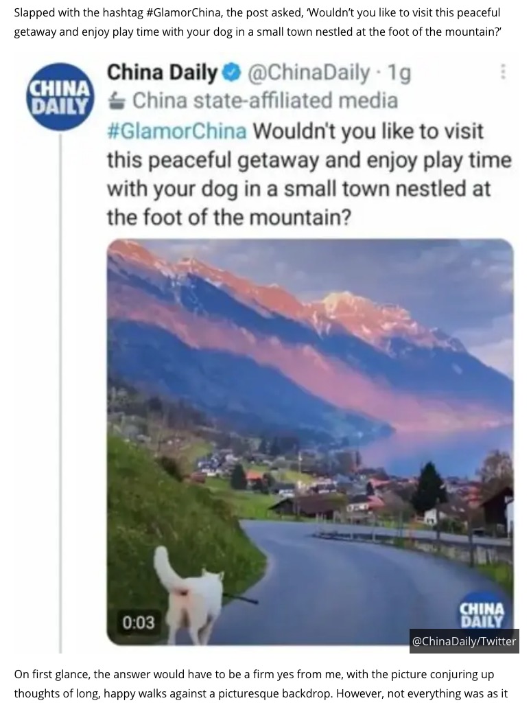 スイスの風景で観光宣伝した中国メディア（画像は『UNILAD　2021年5月24日付「Chinese State Media Tries To Promote China Using Video Of Swiss Alps」（＠ChinaDaily/Twitter）』のスクリーンショット）