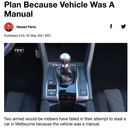 犯人らが逃走した理由はマニュアル車が運転できなかったから？（画像は『LADbible　2021年5月5日付「Would-Be Melbourne Carjackers Foiled In Getaway Plan Because Vehicle Was A Manual」』のスクリーンショット）