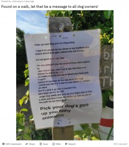 激怒した9歳児が作成したポスター（画像は『Semajyio　2021年5月4日付Reddit「Found on a walk, let that be a message to all dog owners!」』のスクリーンショット）