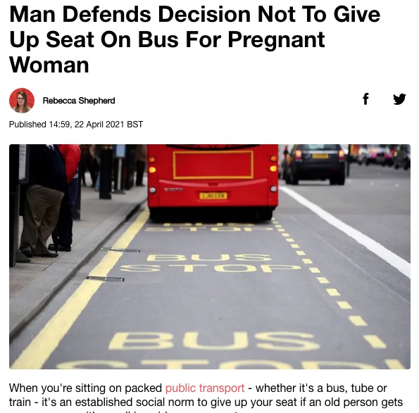 妊婦に席を譲らなかった男性に批判だけでなく援護の声も（画像は『LADbible　2021年4月22日付「Man Defends Decision Not To Give Up Seat On Bus For Pregnant Woman」』のスクリーンショット）