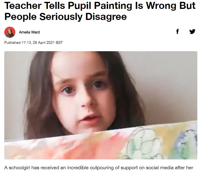 描いた絵を先生に「おかしい」と言われて落ち込んでしまった6歳女児（画像は『LADbible　2021年4月28日付「Teacher Tells Pupil Painting Is Wrong But People Seriously Disagree」』のスクリーンショット）