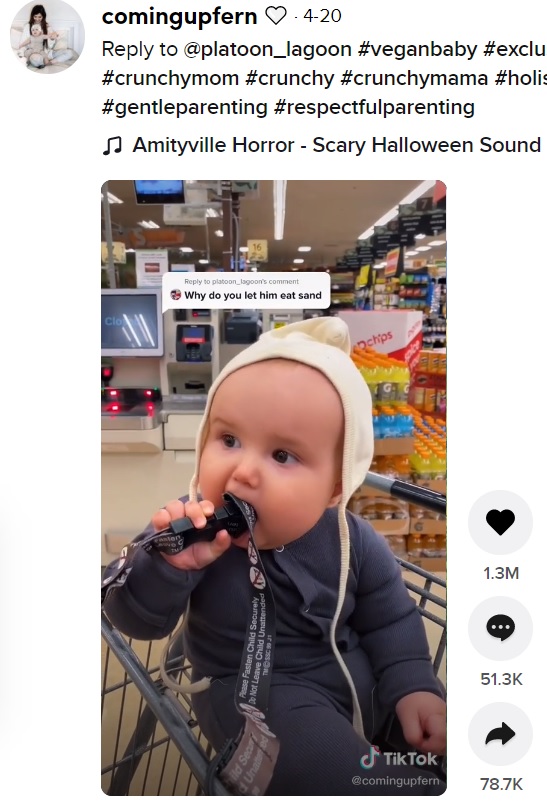 ファーン君がショッピングカートのベルトを舐めてしまっても、アリスさんは止めようとせず（画像は『comingupfern　2021年4月20日付TikTok「Reply to ＠platoon_lagoon ＃veganbaby ＃exclusivelybreastfeeding」』のスクリーンショット）