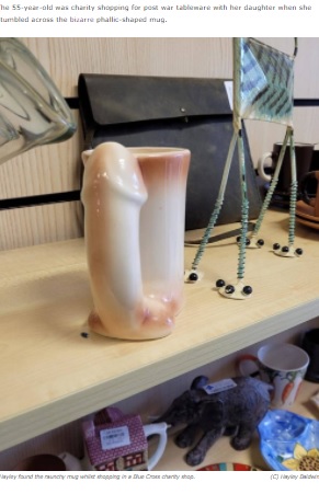 チャリティショップに置かれていたマグカップ（画像は『Deadline News　2021年5月10日付「Pharmacy worker shocked to find phallic shaped mug in charity shop」（Hayley Baldwin）』のスクリーンショット）