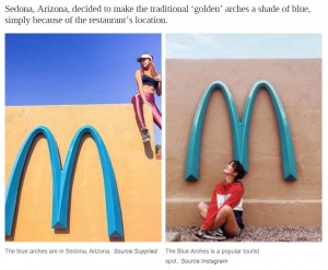 目立たないようにと設置された青いアーチが、逆に注目の的に（画像は『news.com.au　2021年4月30日付「McDonald’s Arizona has a pale blue M, not golden arches」（Source:Supplied）（Source:Instagram）』のスクリーンショット）