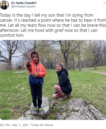 「今日は息子に、私ががんで余命僅かなことを伝える日」と綴ったナディアさん（画像は『Dr. Nadia Chaudhri　2021年5月11日付Twitter「Today Is the day I tell my son」』のスクリーンショット）