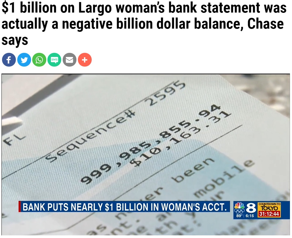 残高には見たこともない桁数が…（画像は『WFLA　2021年6月23日付「＄1 billion on Largo woman’s bank statement was actually a negative billion dollar balance, Chase says」』のスクリーンショット）