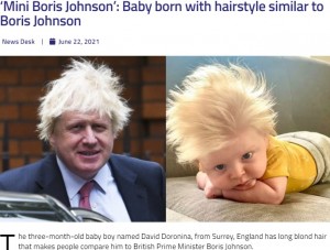 フサフサのブロンドでまとまらないところが“ミニ・ボリス”（画像は『The Current PK　2021年6月22日付「‘Mini Boris Johnson’:Baby born with hairstyle similar to Boris Johnson」』のスクリーンショット）