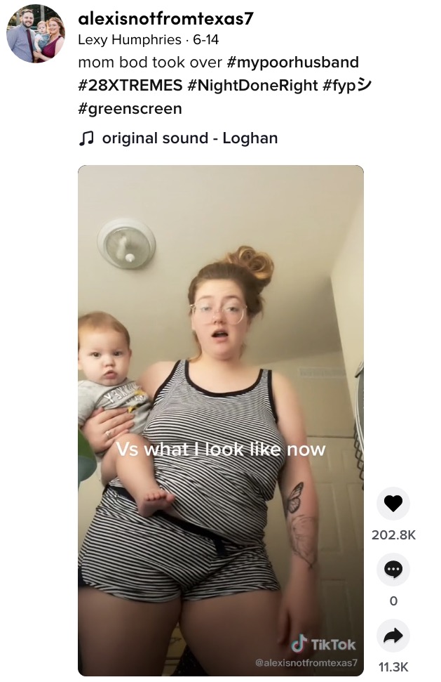 今では“肝っ玉母さん風”のレクシーさん（画像は『Lexy Humphries 　2021年6月14日付TikTok「mom bod took over」』のスクリーンショット）