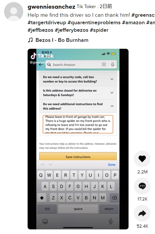 配達場所の詳細を記入する欄に「できればクモを退治して」の言葉が（画像は『Spider Gwen　2021年7月14日付TikTok「Help me find this driver so I can thank him!」』のスクリーンショット）