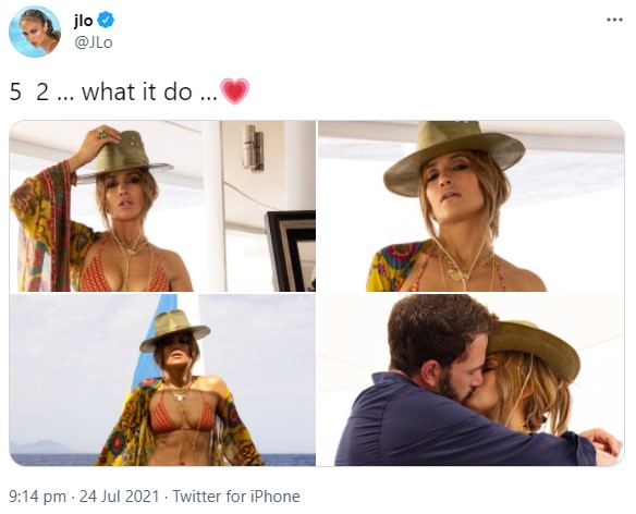 52歳の誕生日を記念したジェニファーの投稿（画像は『jlo　2021年7月24日付Twitter「5 2 … what it do …」』のスクリーンショット）