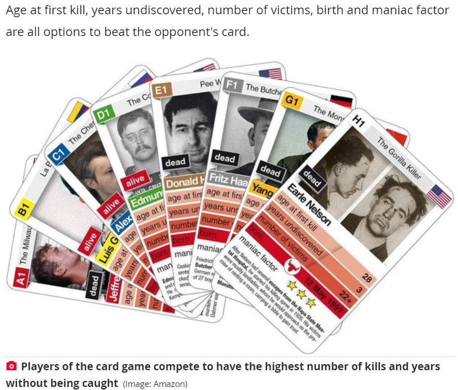 悪名高い殺人鬼たちをテーマにしたカードゲーム（画像は『The Daily Star　2021年7月19日付「‘Sick’ serial killer card game puts world’s worst men head to head in murder face off」（Image: Amazon）』のスクリーンショット）