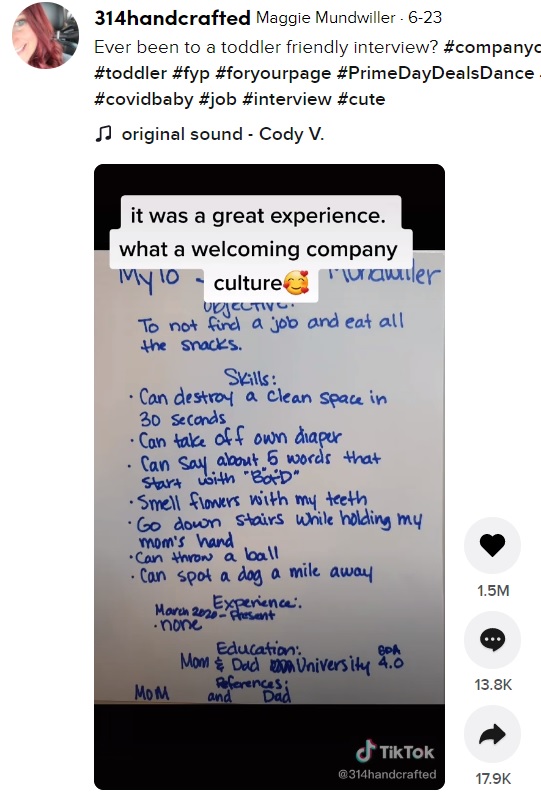 マギーさんが用意したマイロ君の履歴書（画像は『Maggie Mundwiller　2021年6月23日付TikTok「Ever been to a toddler friendly interview?」』のスクリーンショット）