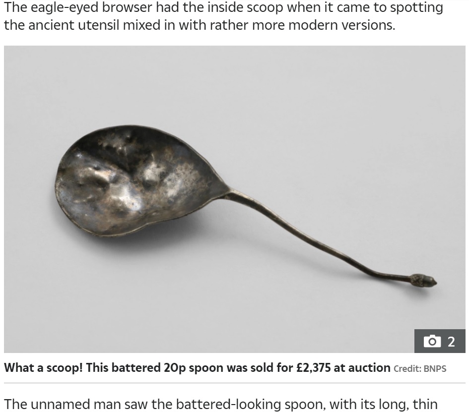 ボロボロで価値が無さそうに見えるスプーンだが…（画像は『The Sun　2021年7月29日付「INSIDE SCOOP ‘Ikea-style’ spoon bought for 20p from car boot fair sells for staggering ￡2,375 at auction」（Credit: BNPS）』のスクリーンショット）