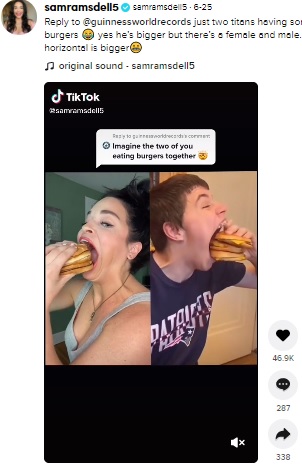 アイザック・ジョンソンさんとTikTokで共演（画像は『samramsdell5　2021年6月25日付TikTok「Reply to ＠guinnessworldrecords just two titans having some burgers」』のスクリーンショット）