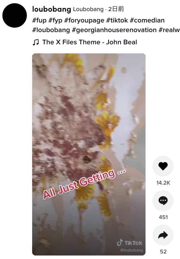 壁には何層もの壁紙が…（画像は『Loubobang　2021年8月4日付TikTok「＃fup ＃fyp ＃foryoupage ＃tiktok ＃comedian ＃loubobang」』のスクリーンショット）