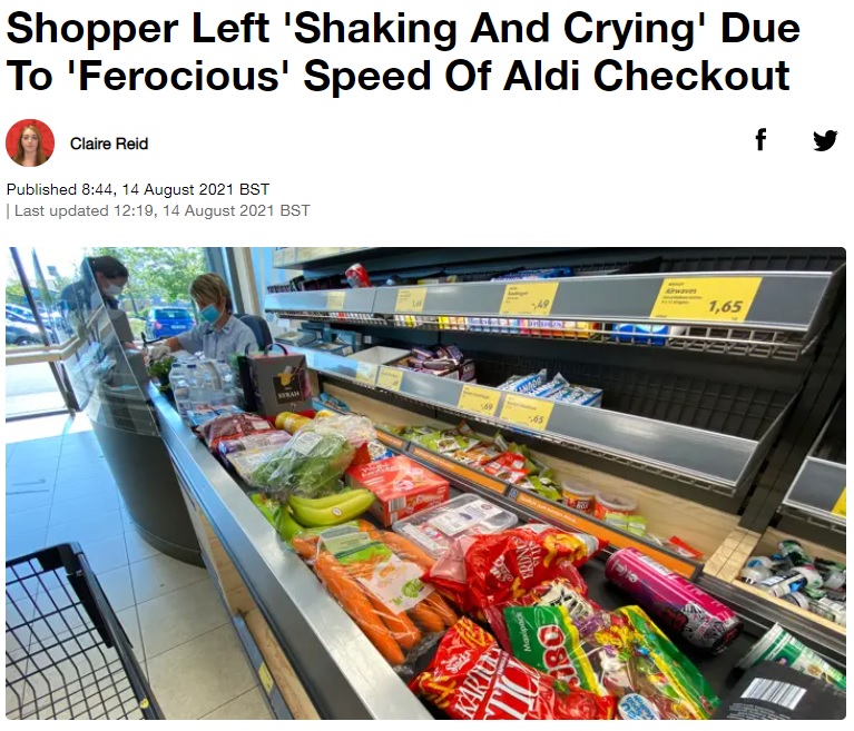 高速のレジスキャンが売りでもあるスーパー「ALDI」（画像は『LADbible　2021年8月14日付「Shopper Left ‘Shaking And Crying’ Due To ‘Ferocious’ Speed Of Aldi Checkout」』のスクリーンショット）