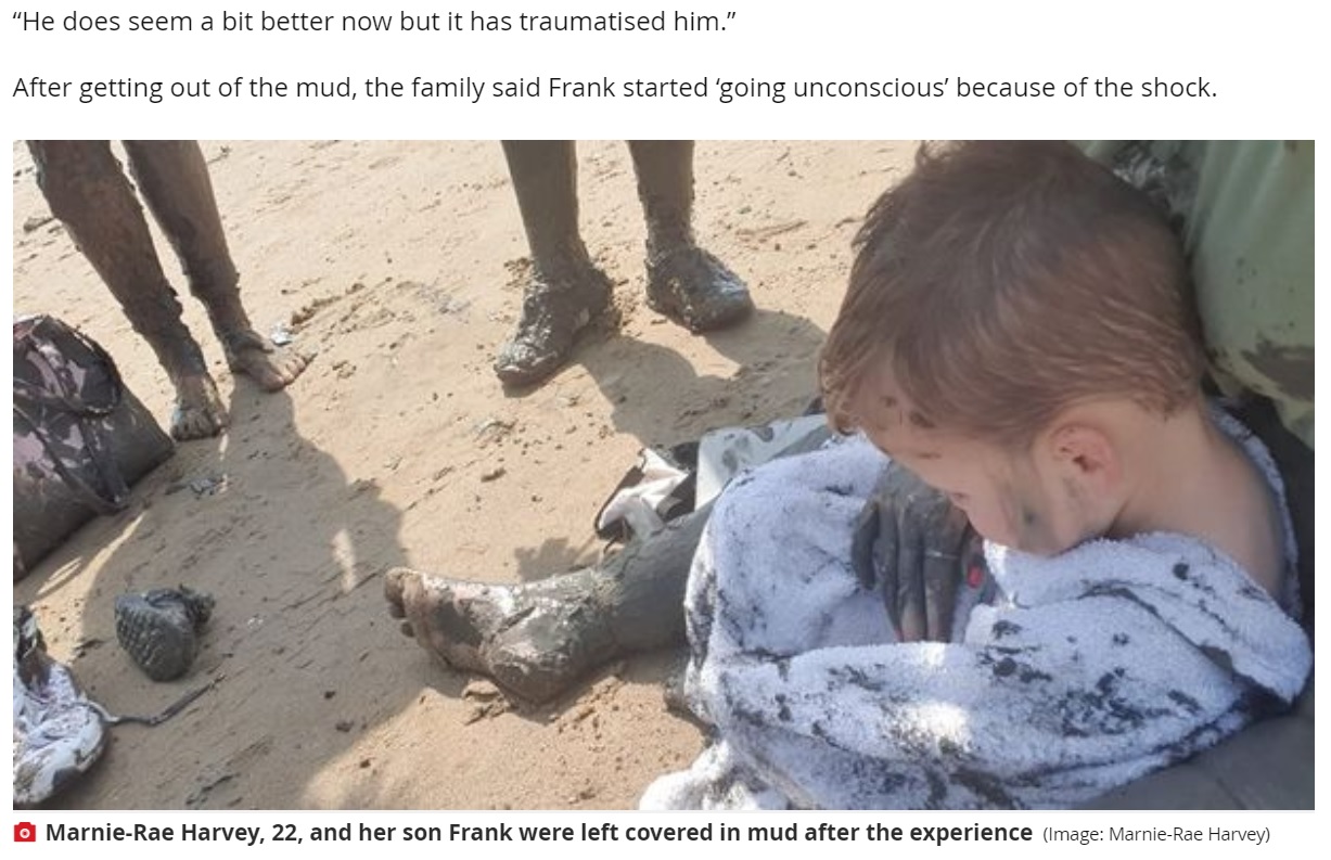 砂に呑まれるという恐怖の体験をした2歳男児（画像は『Liverpool Echo　2021年8月5日付「Boy, 2, traumatised and ‘having nightmares’ after trip to Crosby Beach」（Image: Marnie-Rae Harvey）』のスクリーンショット）