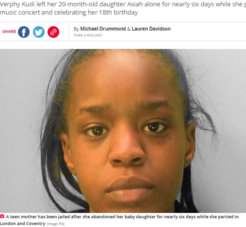 1歳娘を餓死させた母親（画像は『The Daily Star　2021年8月6日付「Teen mum who left toddler to starve to death while she celebrated birthday is jailed」（Image: PA）』のスクリーンショット）