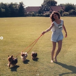 ドッグショーで3匹のテリアを歩かせるヴィクトリア（画像は『Victoria Beckham　2021年8月26日付Instagram「Some retro moments for ＃InternationalDogDay!」』のスクリーンショット）