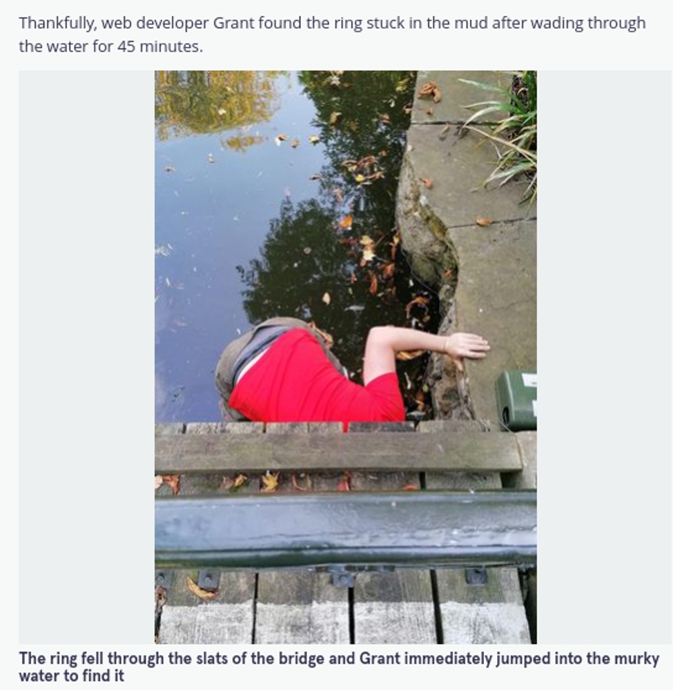 落とした指輪を探すグラントさん（画像は『The Mirror　2021年9月27日付「Man drops engagement ring into rat-infested pond as proposal goes badly wrong」』のスクリーンショット） 