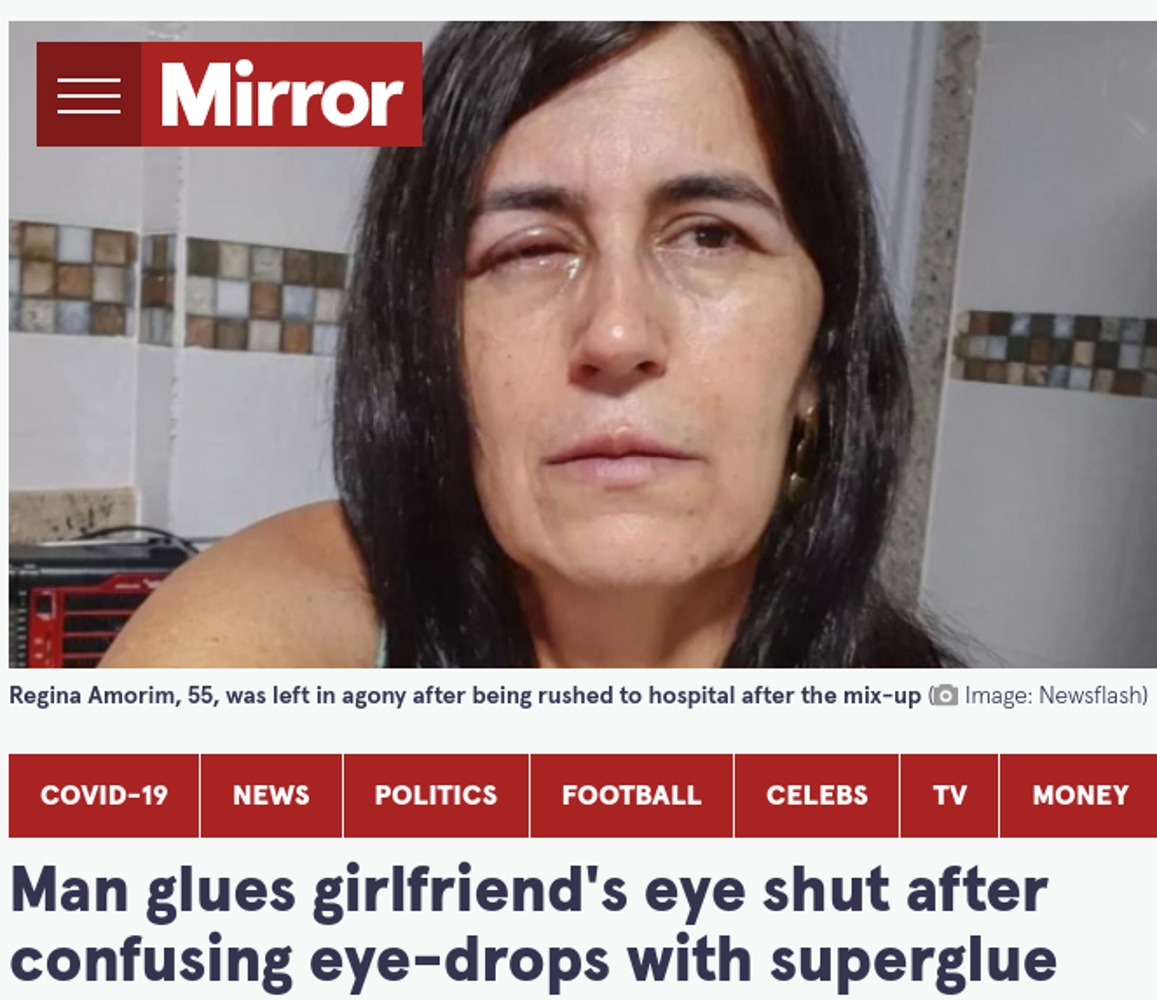 目薬と瞬間接着剤を間違えてしまった女性（画像は『The Mirror　2021年9月24日付「Man glues girlfriend’s eye shut after confusing eye-drops with superglue」（Image: Newsflash）』のスクリーンショット）